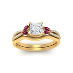 Load image into Gallery viewer, vine-split-band-princess-cut-diamond-wedding-set-with-pink-sapphire-in-yellow-gold-FDENR3211PRGSADRPIANGLE3-NL-YG