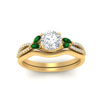 Load image into Gallery viewer, vine-split-band-round-cut-diamond-wedding-set-with-emerald-in-yellow-gold-FDENR3211ROGEMGRANGLE3-NL-YG.jpg
