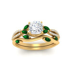 Load image into Gallery viewer, vine-willow-cushion-cut-diamond-ring-with-emerald-willow-wedding-set-in-yellow-gold-FDENR3211CUGEMGRANGLE3-NL-YG