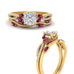 Load image into Gallery viewer, vine-willow-cushion-cut-diamond-ring-with-pink-sapphire-willow-wedding-set-in-yellow-gold-FDENR3211CUGSADRPIANGLE3-NL-YG