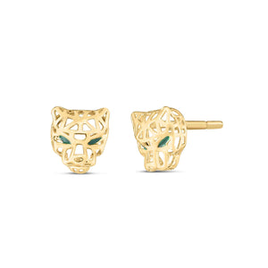 Panther Stud Earrings with Green Enamel Accent in 14K Yellow Gold