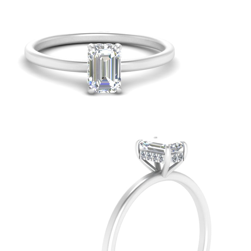 Emerald Cut Thin Setting Hidden Halo Diamond Ring