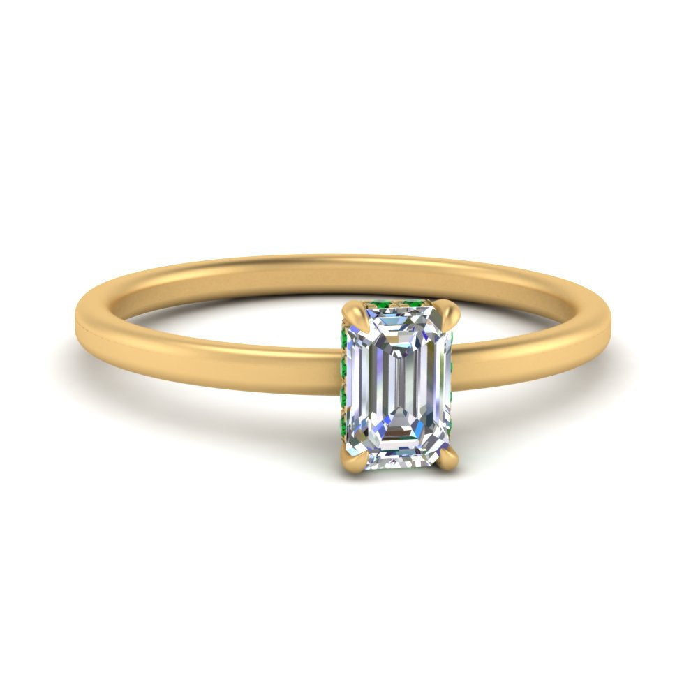 Emerald Cut Thin Setting Hidden Halo Diamond Ring