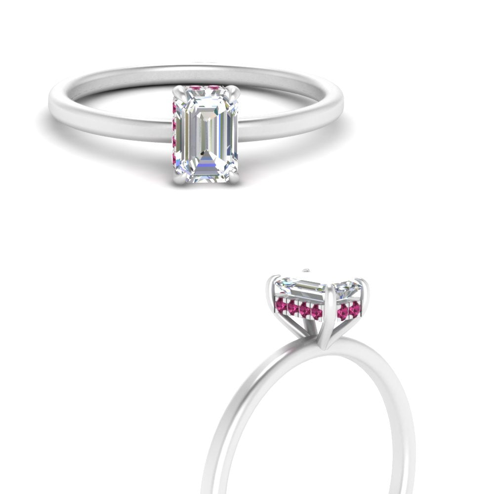 Emerald Cut Thin Setting Hidden Halo Diamond Ring