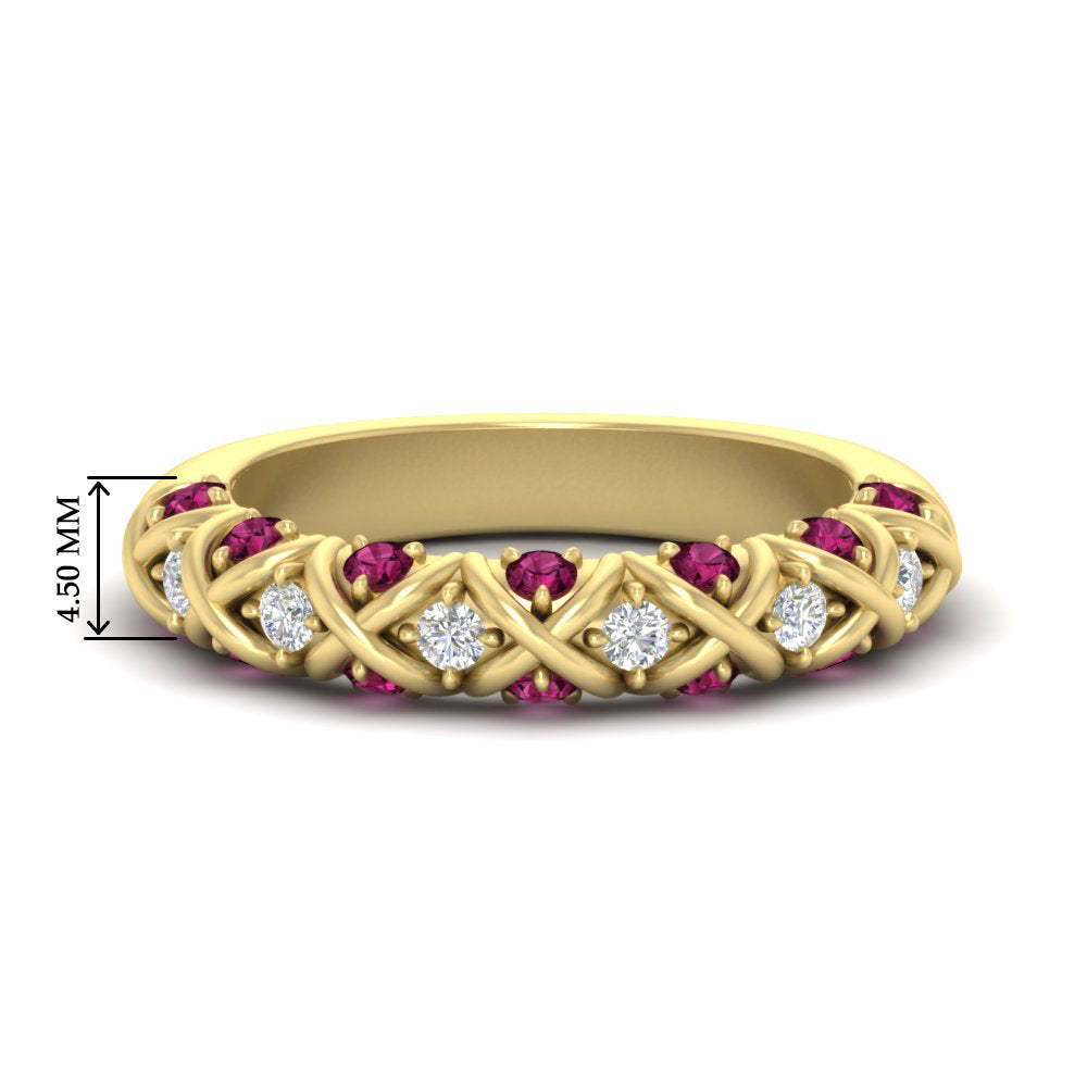 xoxo-half-eternity-diamond-wedding-band-with-pink-sapphire-in-yellow-gold-FD11380HBGSADRPI-NL-YG