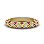 Load image into Gallery viewer, xoxo-half-eternity-diamond-wedding-band-with-pink-sapphire-in-yellow-gold-FD11380HBGSADRPI-NL-YG
