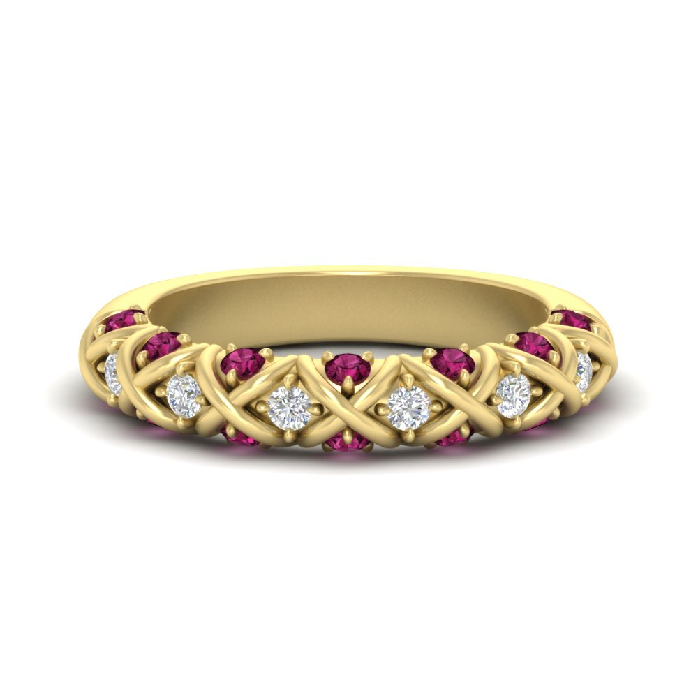 xoxo-half-eternity-diamond-wedding-band-with-pink-sapphire-in-yellow-gold-FD11380HBGSADRPI-NL-YG