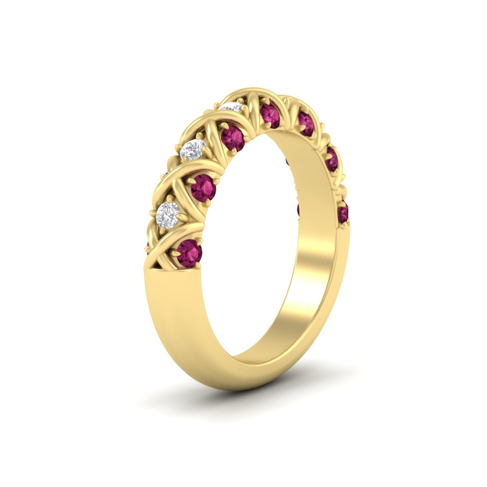 xoxo-half-eternity-diamond-wedding-band-with-pink-sapphire-in-yellow-gold-FD11380HBGSADRPI-NL-YG