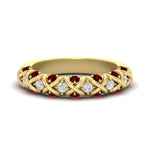 Load image into Gallery viewer, xoxo-half-eternity-diamond-wedding-band-with-ruby-in-yellow-gold-FD11380HBGRUDR-NL-YG
