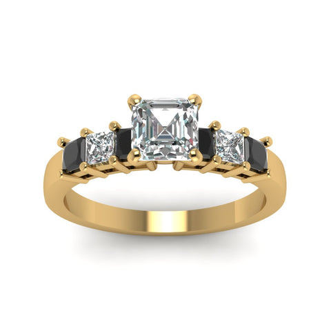 yellow-gold-asscher-white-diamond-engagement-wedding-ring-with-black-diamond-in-prong-set-FDENS1027ASRGBLACKANGLE5-NL-YG