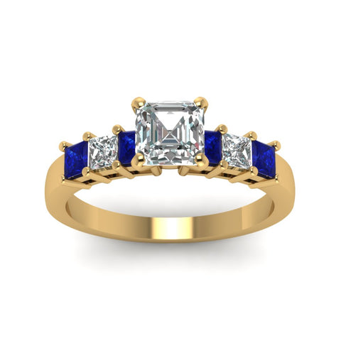yellow-gold-asscher-white-diamond-engagement-wedding-ring-with-blue-sapphire-in-prong-set-FDENS1027ASRGSABLANGLE5-NL-YG