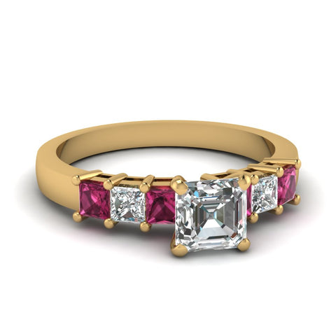 yellow-gold-asscher-white-diamond-engagement-wedding-ring-with-dark-pink-sapphire-in-prong-set-FDENS1027ASRGSADRPI-NL-YG