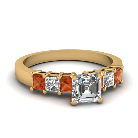yellow-gold-asscher-white-diamond-engagement-wedding-ring-with-orange-sapphire-in-prong-set-FDENS1027ASRGSAOR-NL-YG