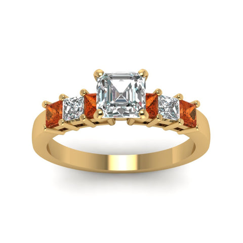 yellow-gold-asscher-white-diamond-engagement-wedding-ring-with-orange-sapphire-in-prong-set-FDENS1027ASRGSAORANGLE5-NL-YG